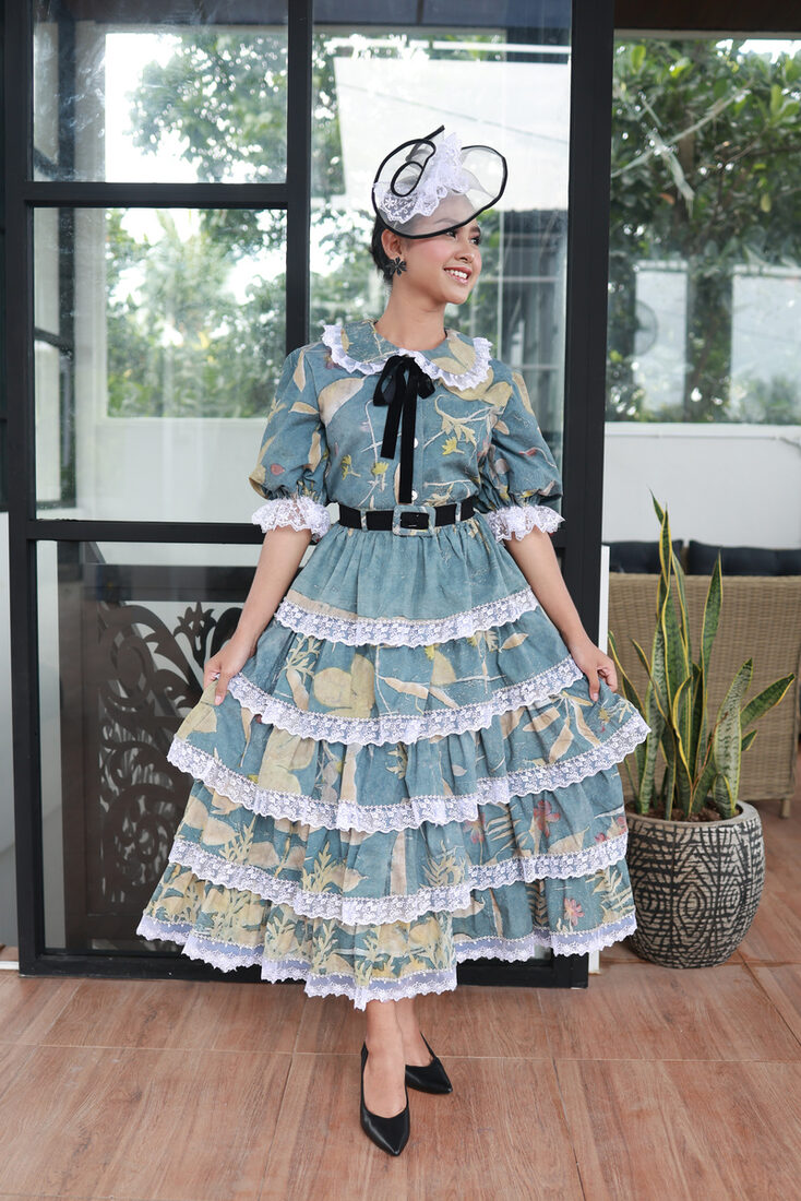Blue eco-print pinafore with a white shirt
