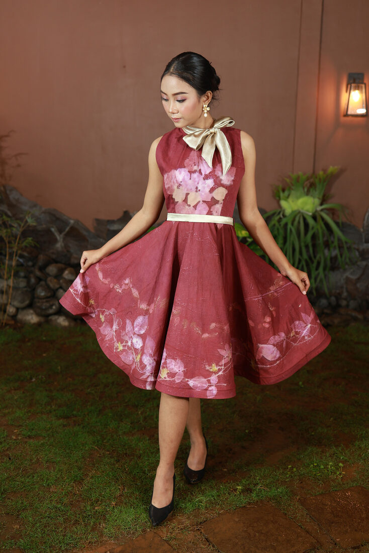 Rose eco-print fit-and-flare dress